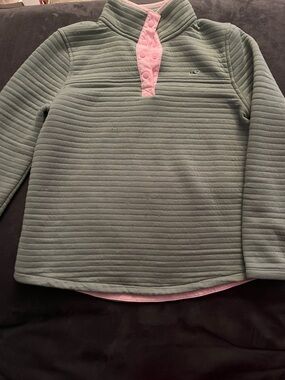Vineyard Vines Quilted Olive Green Pullover with Pink Snap Placket